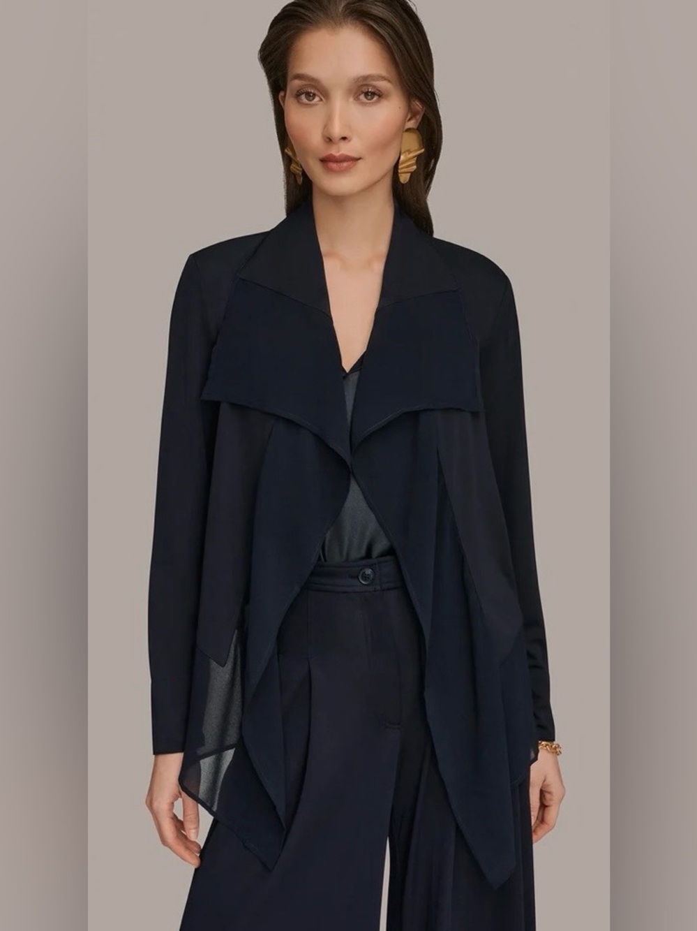 Donna Karan Navy Draped Open-Front Blazer, S